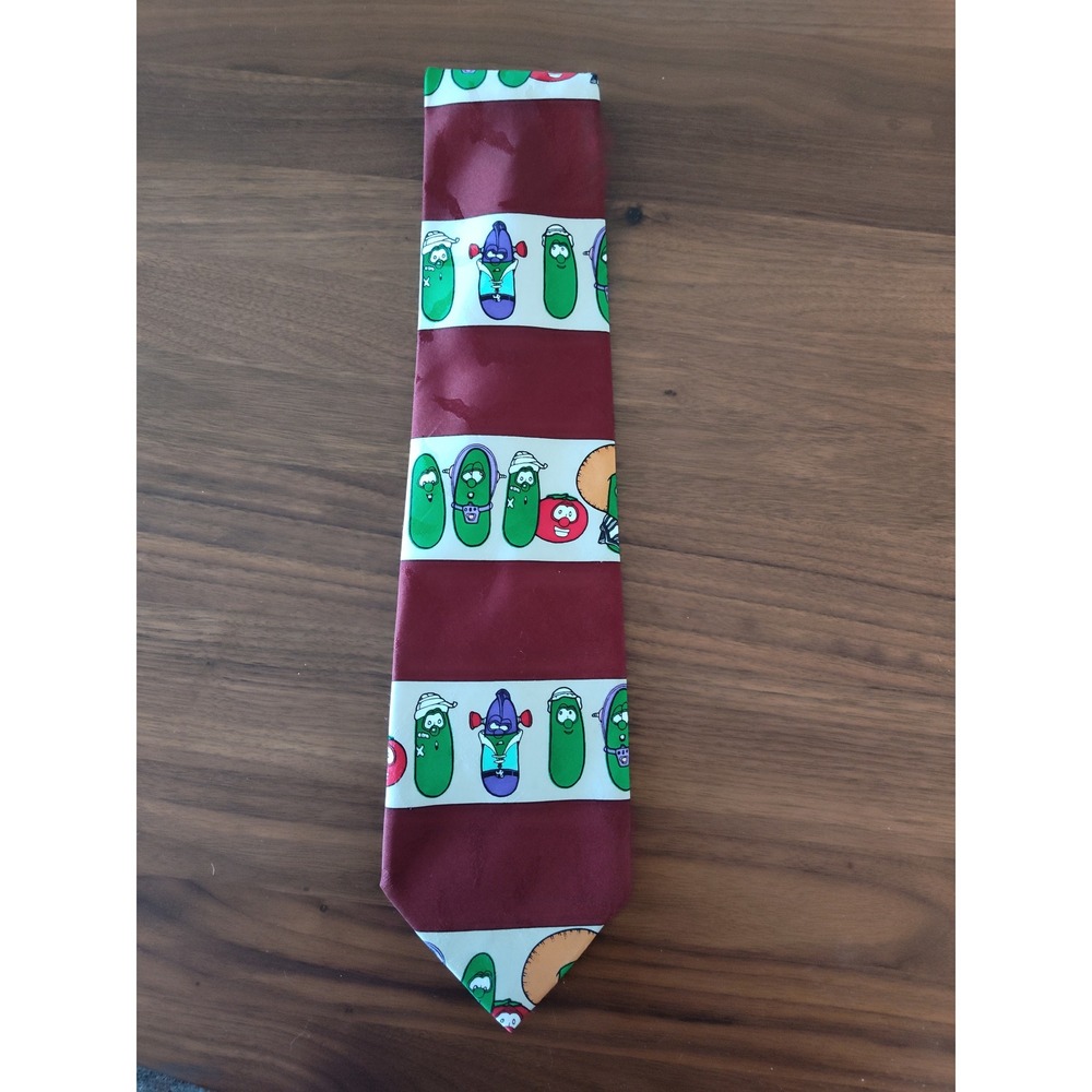 VeggieTales Mens Necktie Maroon White Striped Bob the Tomato Larry the Cucumber
